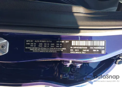 2017 Alfa Romeo Giulia Quadrifoglio Rwd z USA, uszkodzony, nr VIN ZARFAEAV8H7545385